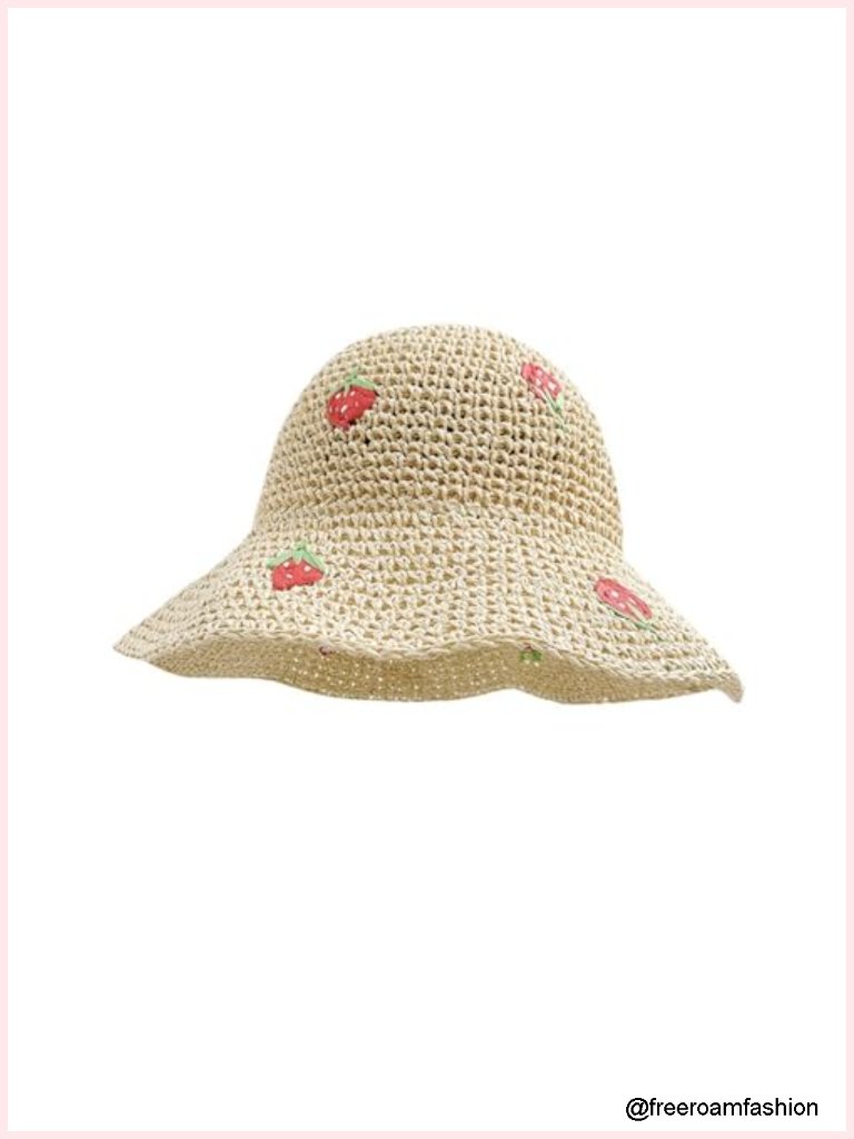 Women Wide Brim Straw Sun Hat Foldable Beach Floppy Bucket Hat Strawberry